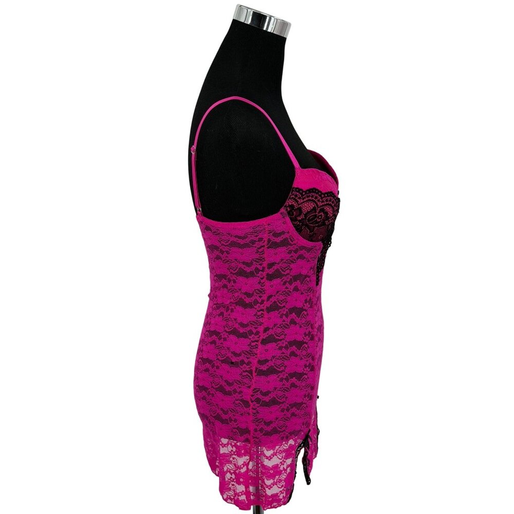 Hot Pink & Black Lace Push-Up Mini Slip Dress Lingerie M| Y2K Barbiecore Boudoir - Picture 11 of 13